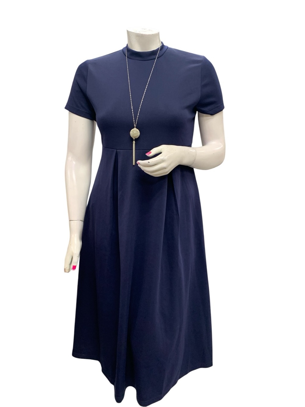 Short-Sleeve Navy Midi Dress with Mock Neck Siz e L